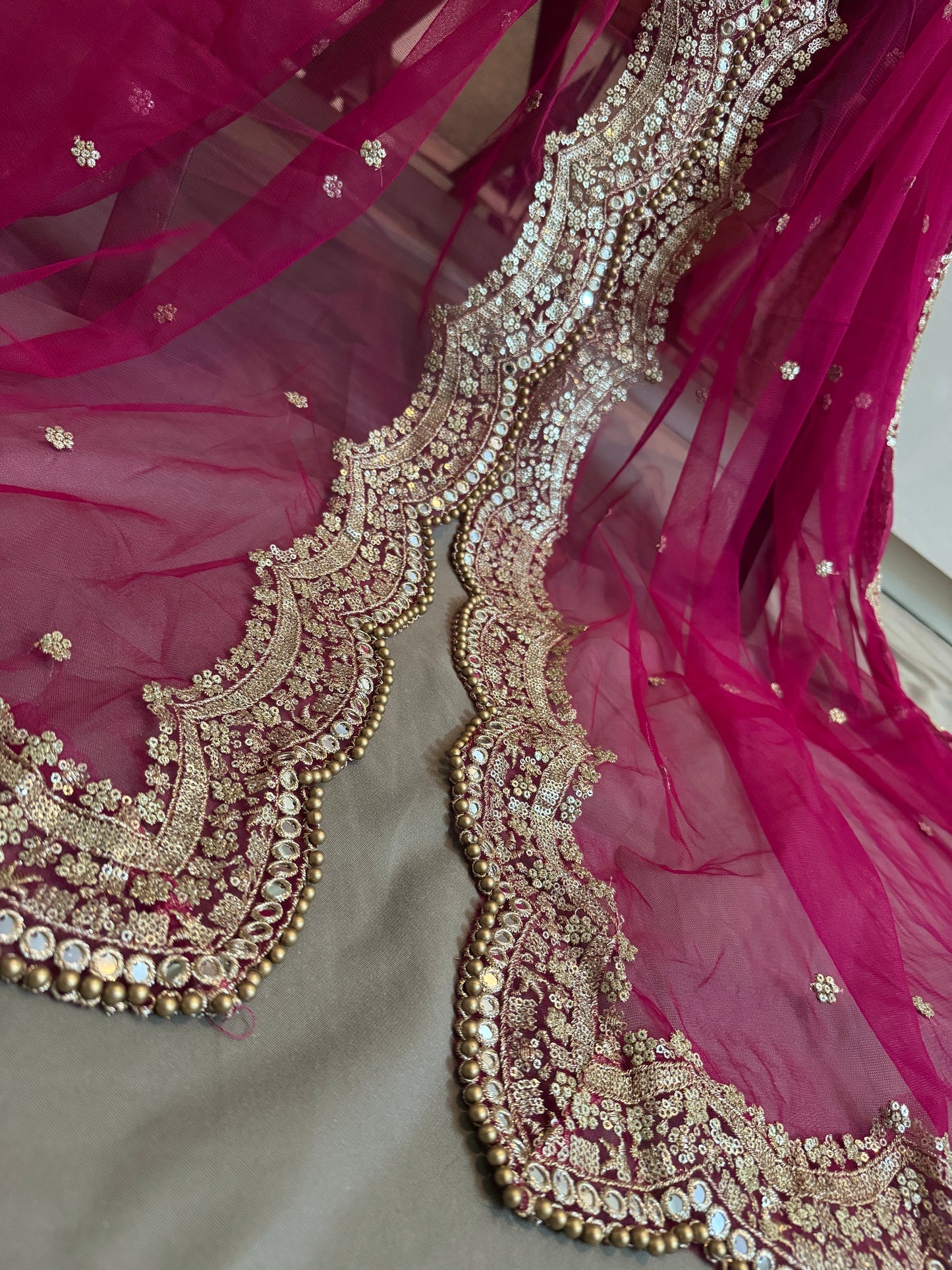 Pink Bridal Cutwork Dupatta with Zari & Mirror Work | Heavy Wedding Dupatta