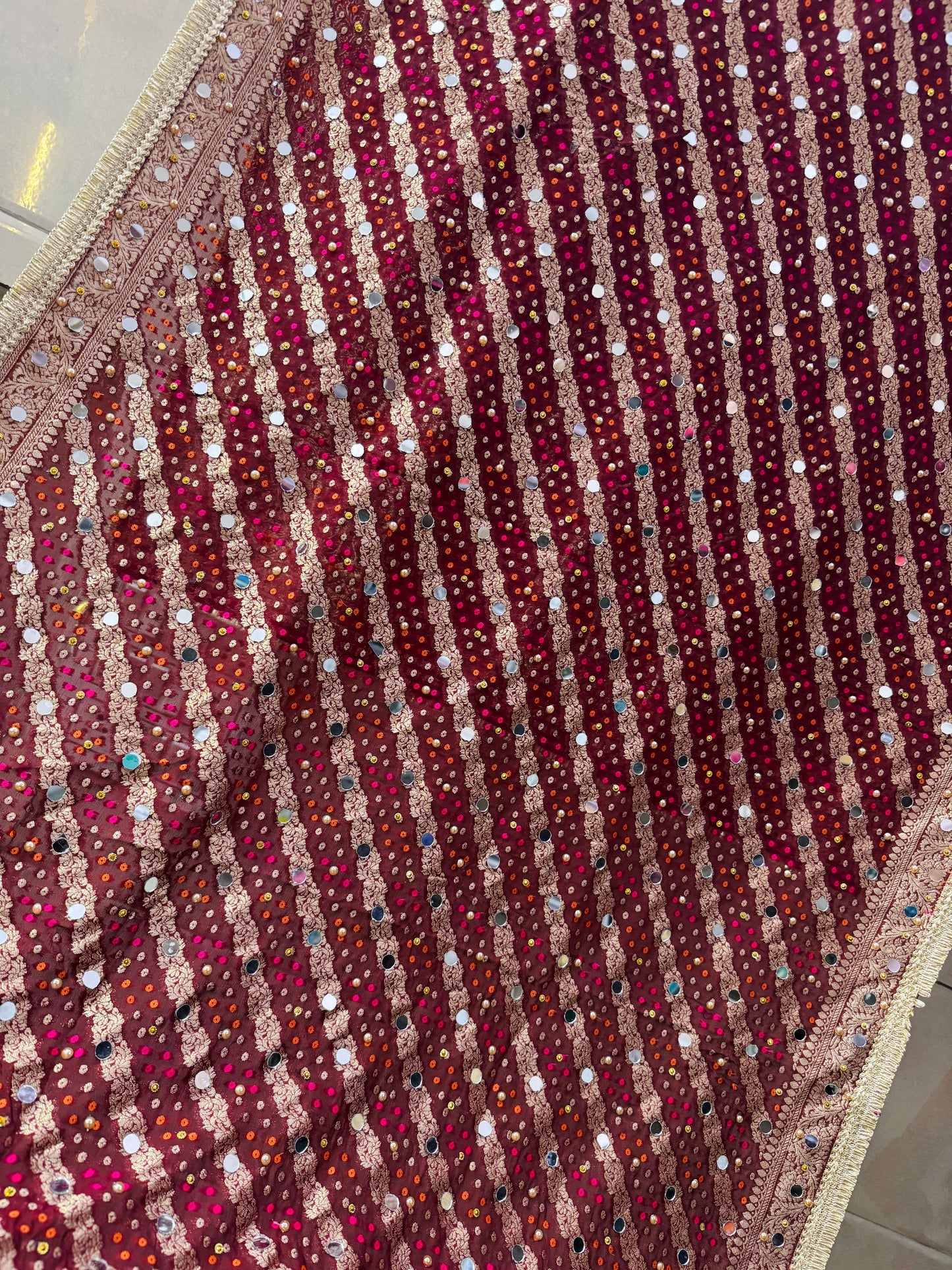 Maroon Banarasi Georgette Dupatta with Mirror & Stone Work – Festive & Wedding Wear