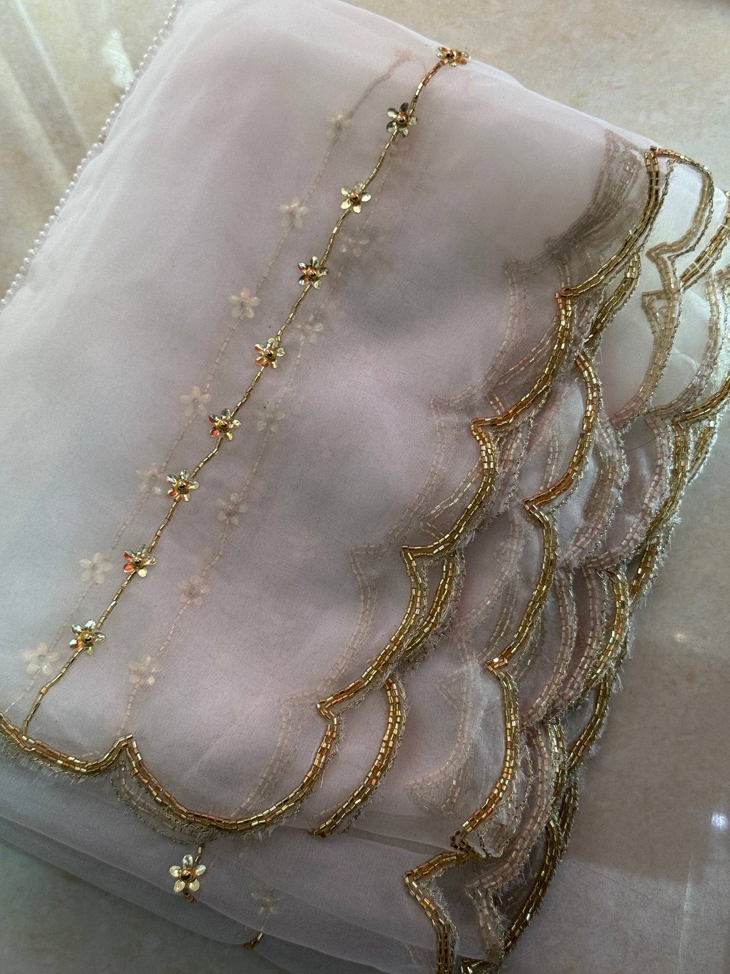 Organza Dupatta with Golden Beads & Pearl Work | Elegant Handmade Ethnic Dupatta