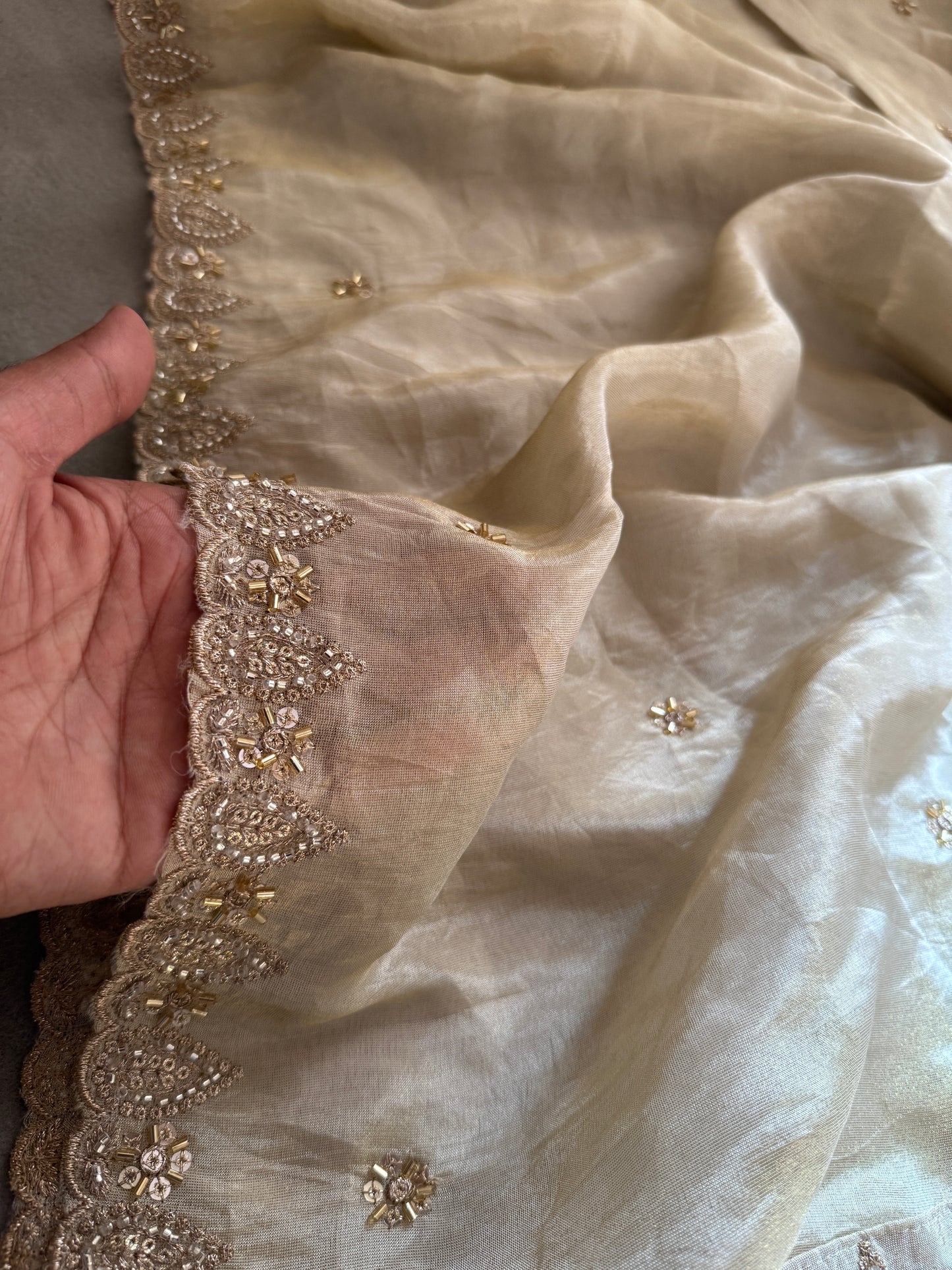 Premium Golden Tissue Dupatta with Beads & Sequins Work | Bridal Festive Wear