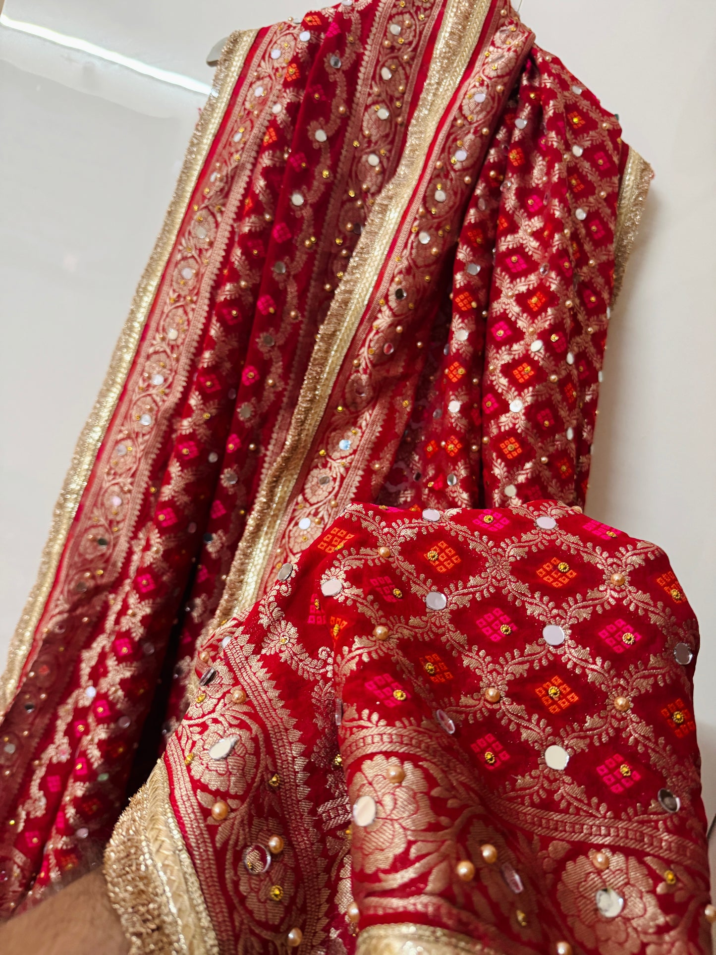 Red Banarasi Georgette Dupatta with Mirror & Stone Work – Festive & Wedding Wear