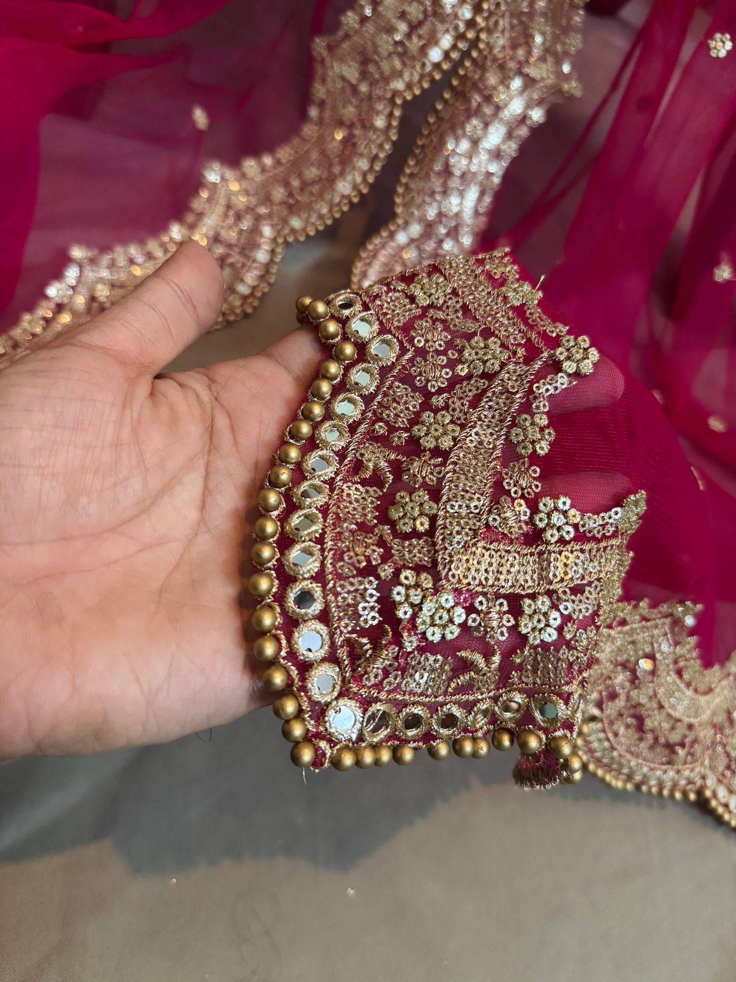 Pink Bridal Cutwork Dupatta with Zari & Mirror Work | Heavy Wedding Dupatta