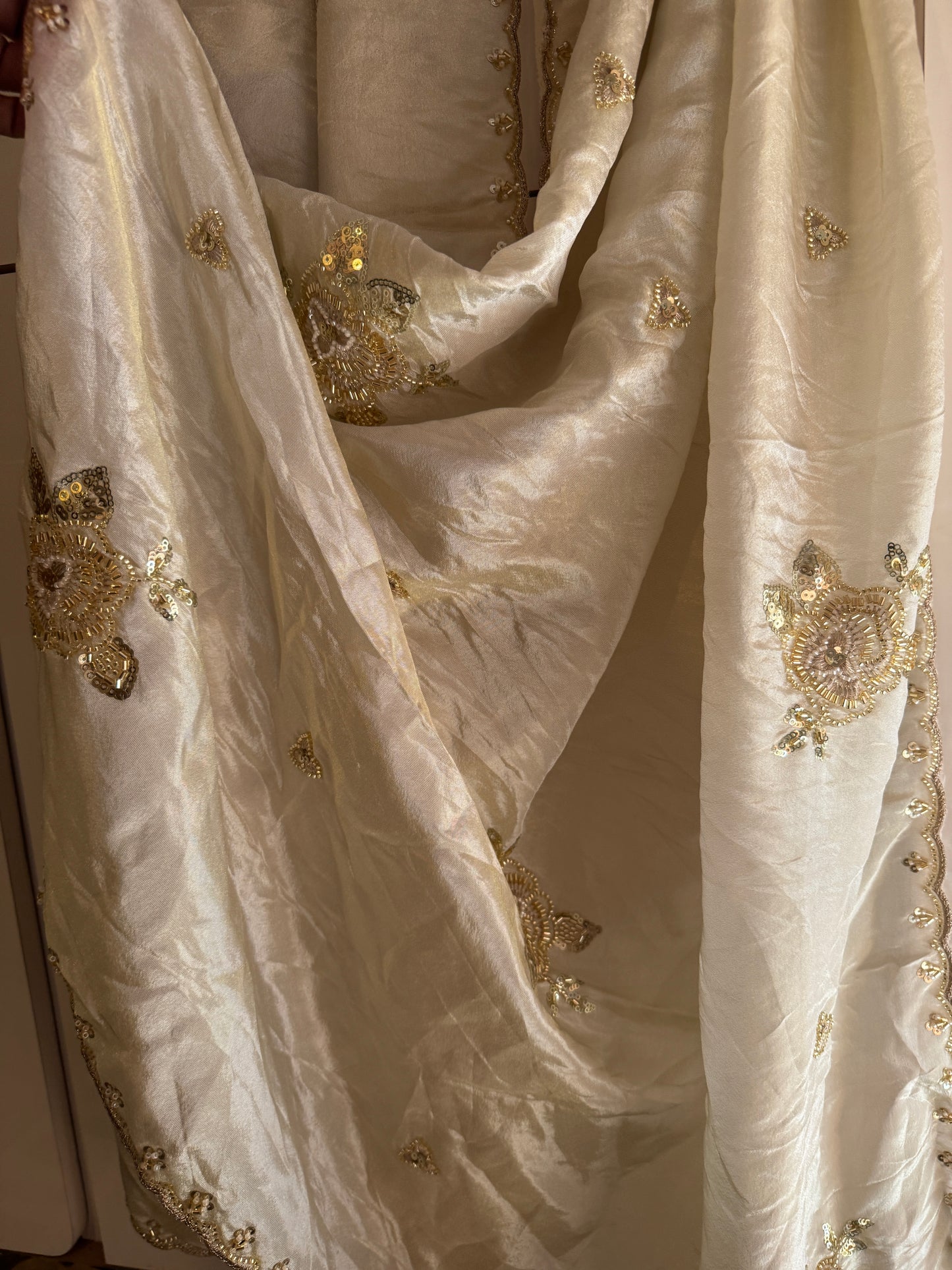 Golden Tissue Dupatta with Beads & Sequins Handwork – Bridal Partywear Dupatta