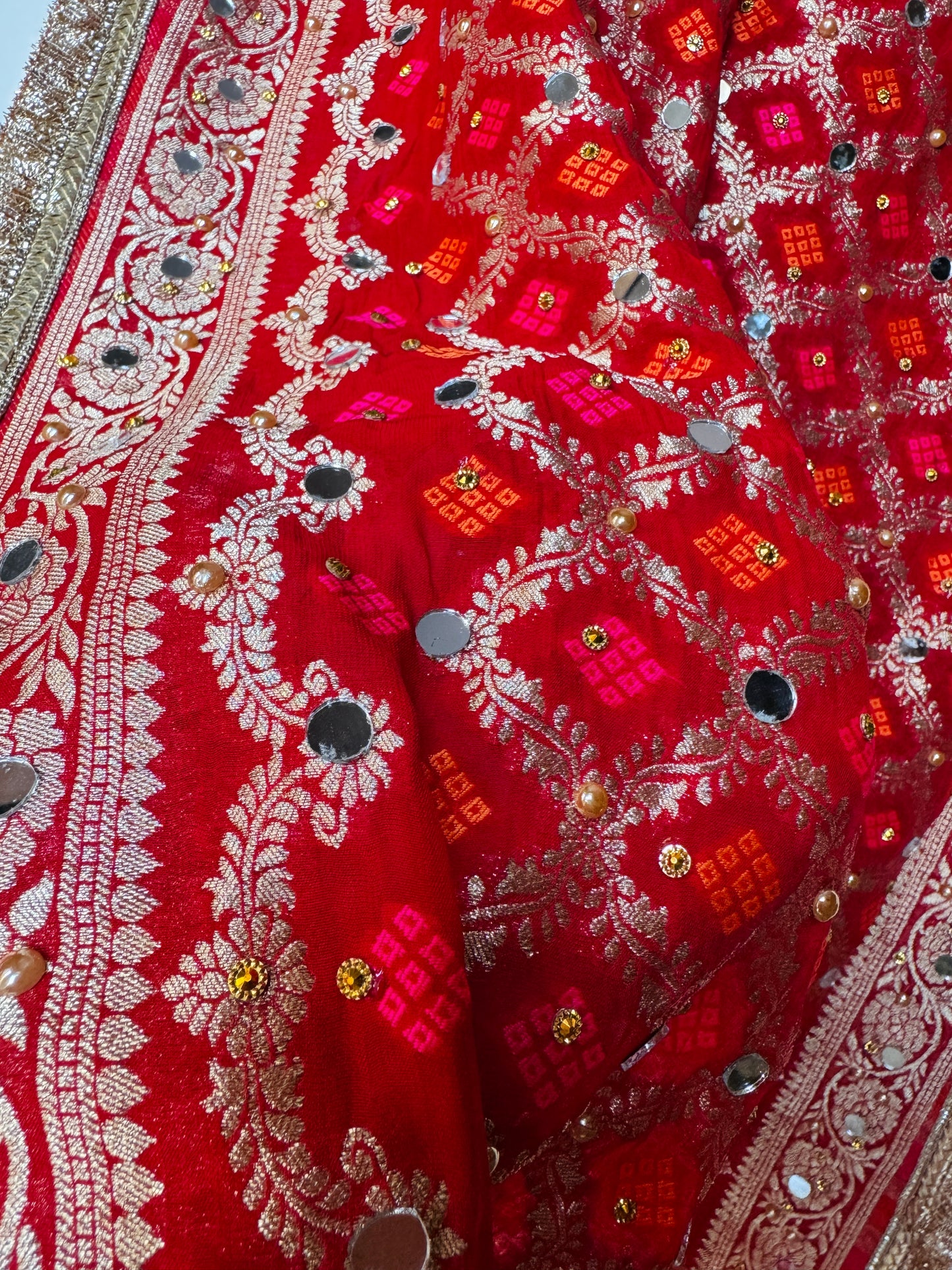 Red Banarasi Georgette Dupatta with Mirror & Stone Work – Festive & Wedding Wear