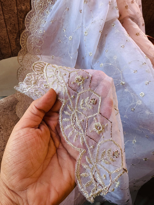 White Organza Dupatta for Women | Zari Embroidery & Beads Cutwork Border | Bridal Wrap