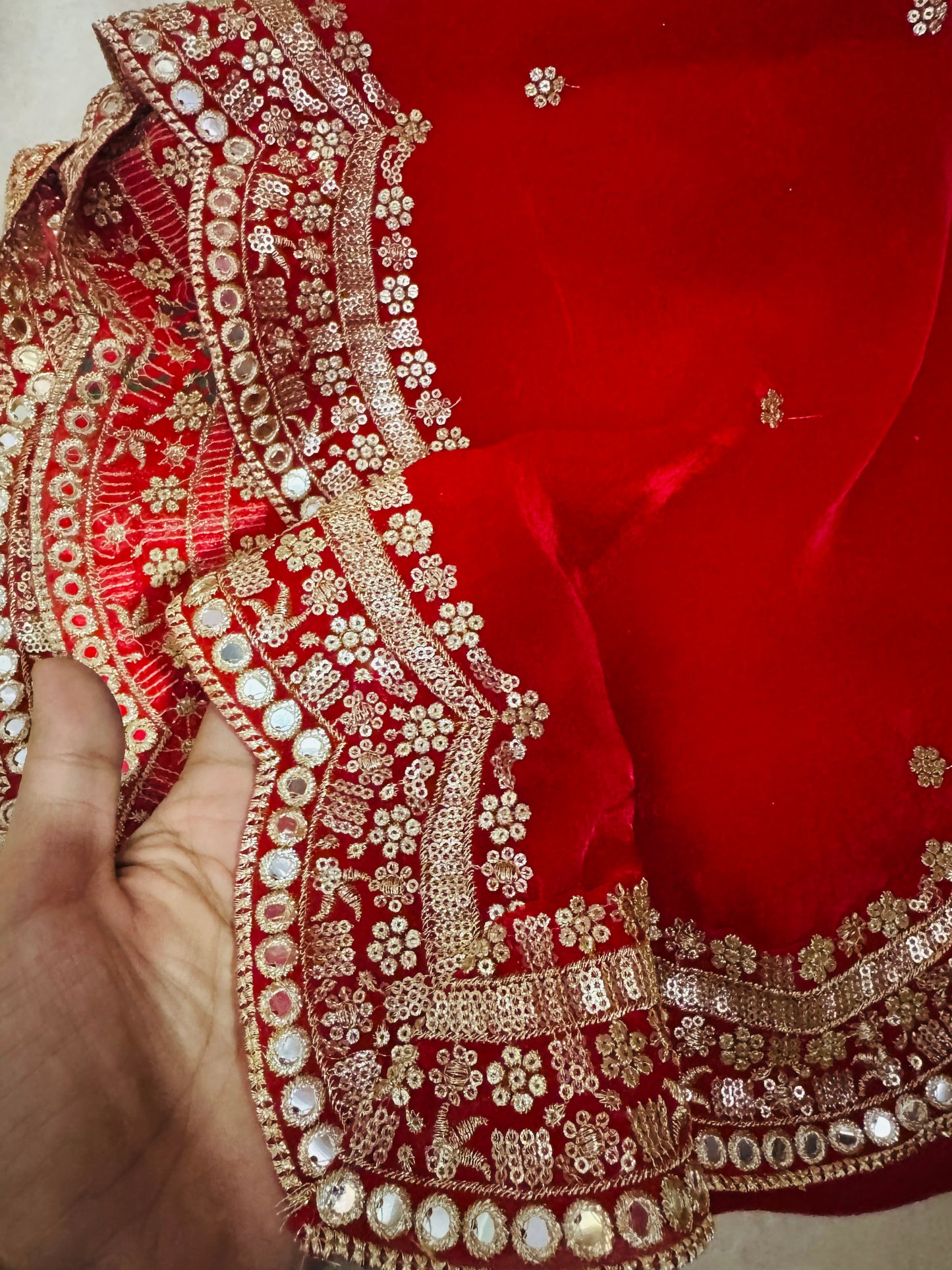 Bridal Red Silky Dupatta with Zari & Mirror Work – Wedding Wear Dupatta