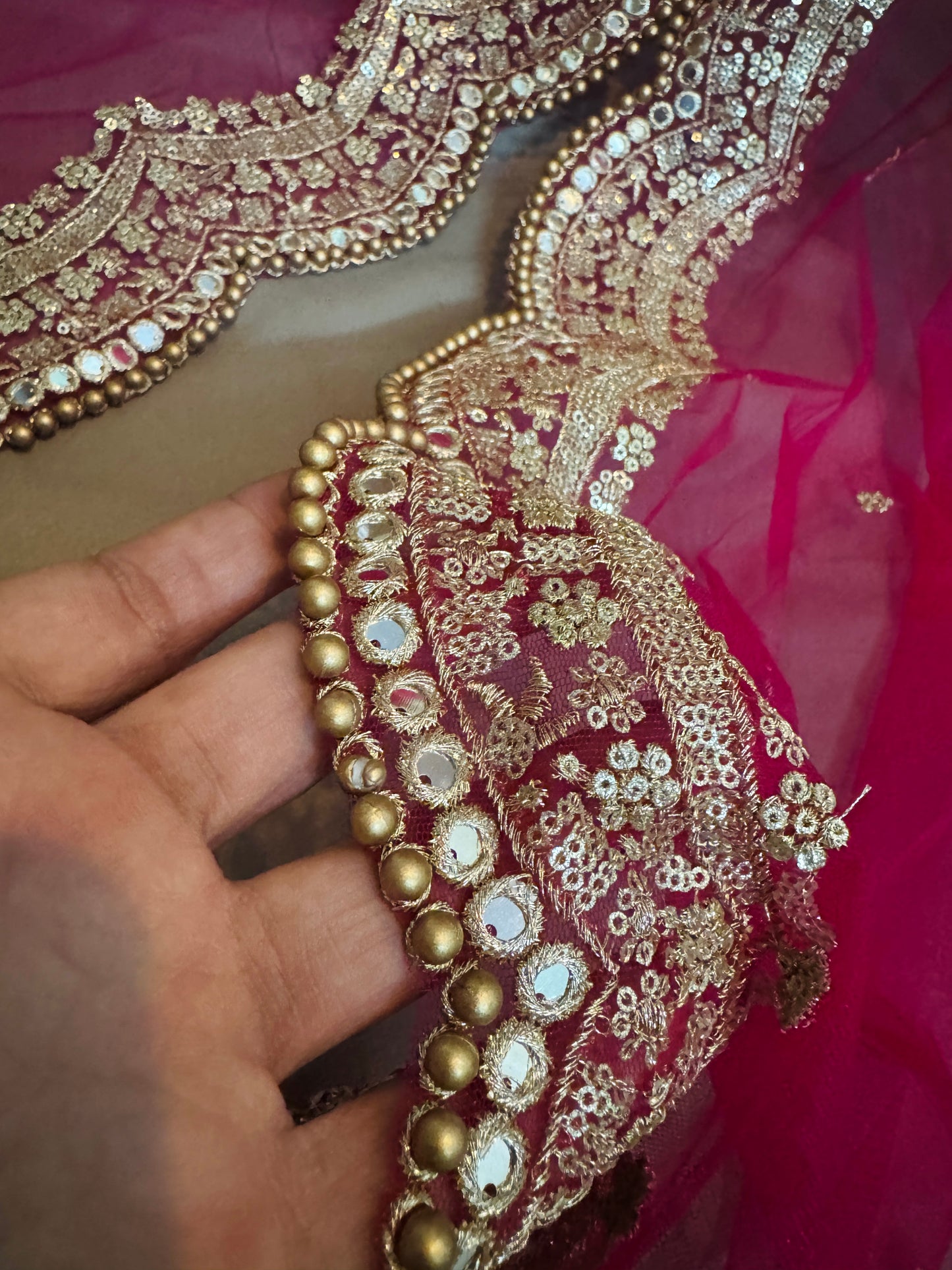 Pink Bridal Cutwork Dupatta with Zari & Mirror Work | Heavy Wedding Dupatta