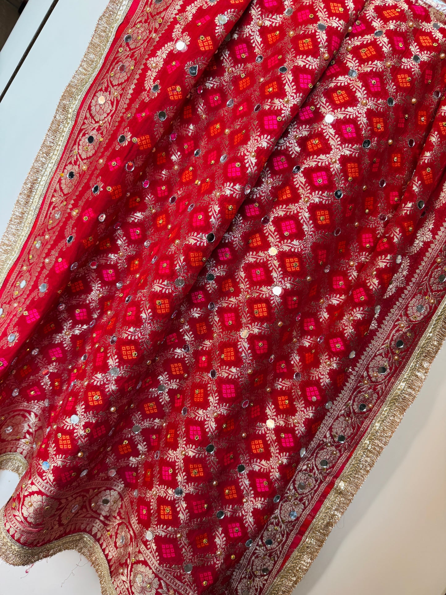 Red Banarasi Georgette Dupatta with Mirror & Stone Work – Festive & Wedding Wear