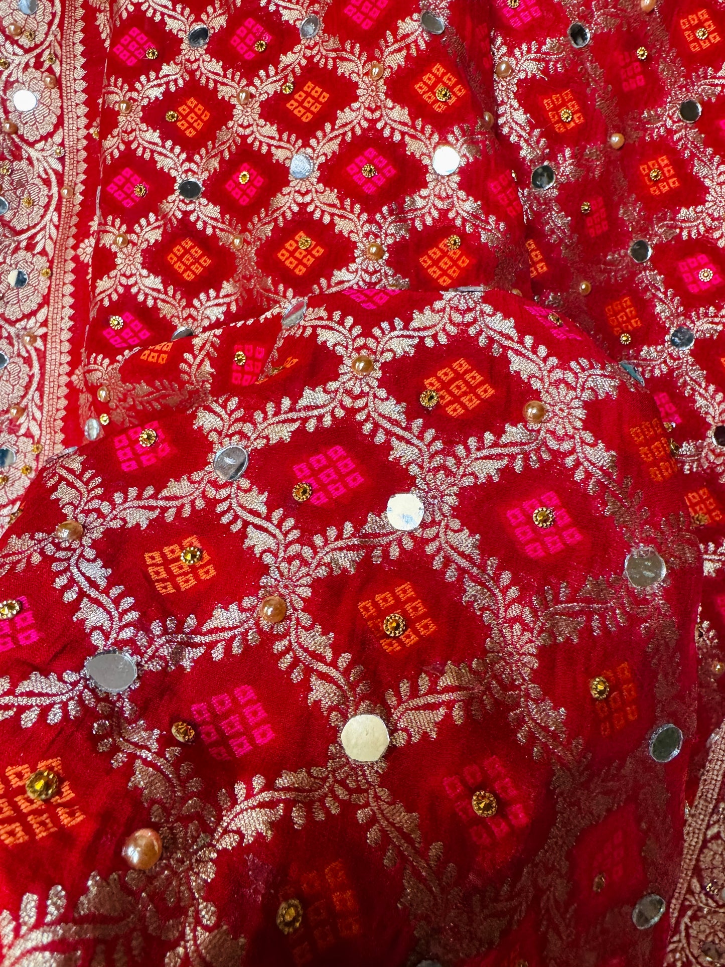 Red Banarasi Georgette Dupatta with Mirror & Stone Work – Festive & Wedding Wear