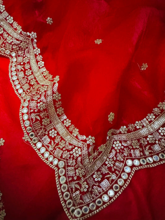 Bridal Red Silky Dupatta with Zari & Mirror Work – Wedding Wear Dupatta