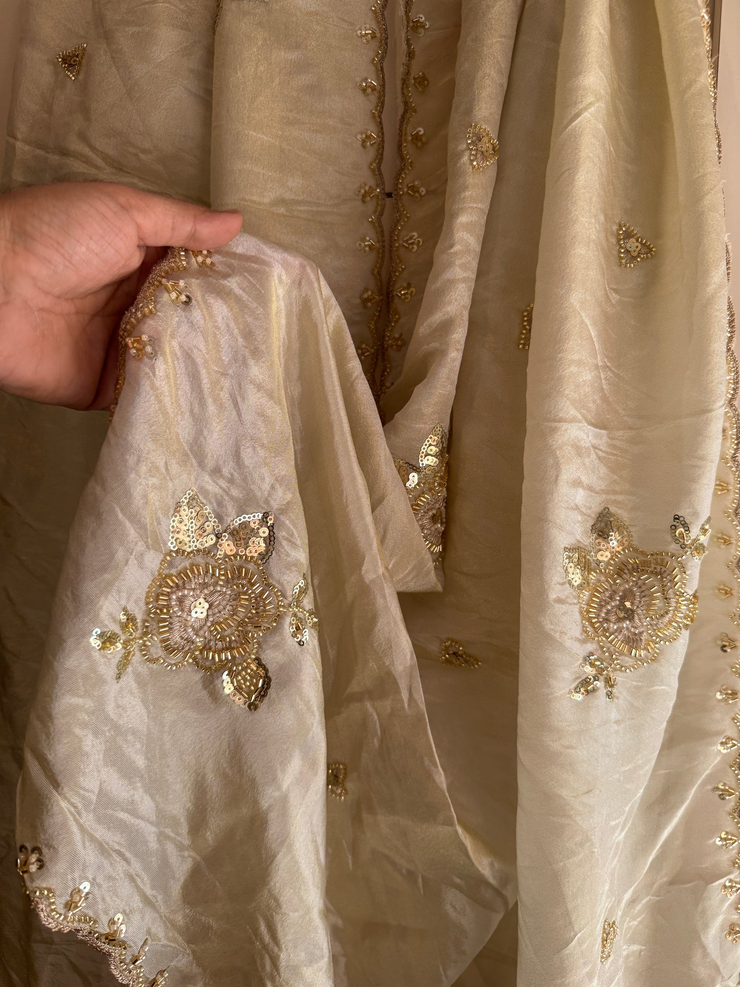 Golden Tissue Dupatta with Beads & Sequins Handwork – Bridal Partywear Dupatta