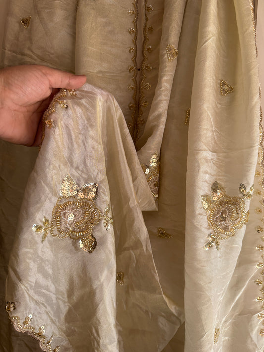 Golden Tissue Dupatta with Beads & Sequins Handwork – Bridal Partywear Dupatta