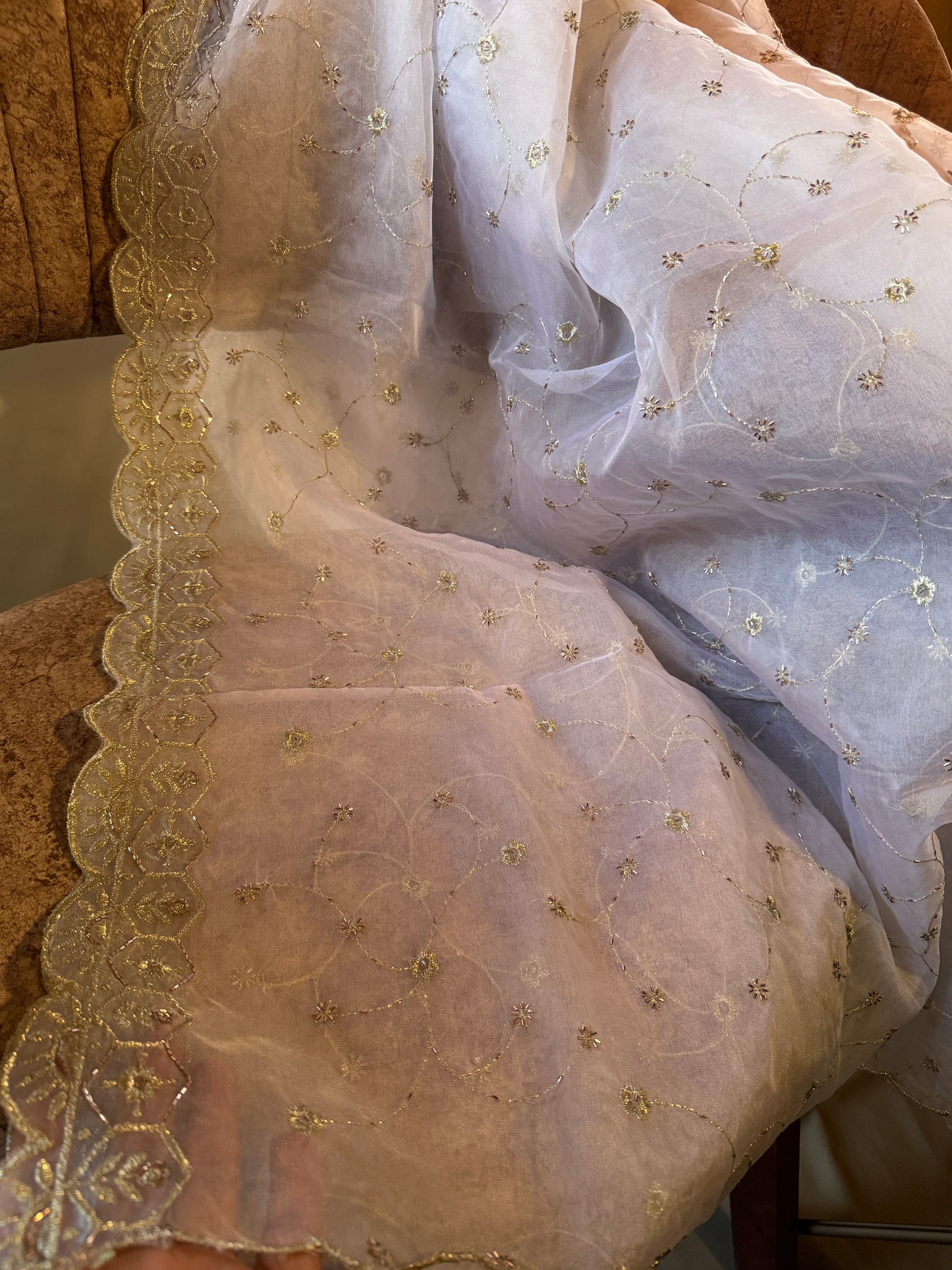 White Organza Dupatta for Women | Zari Embroidery & Beads Cutwork Border | Bridal Wrap