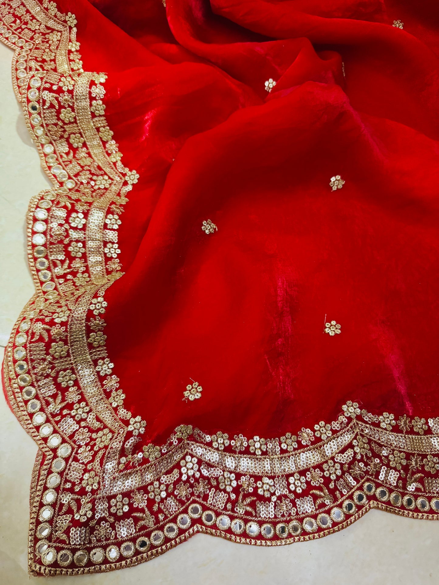 Bridal Red Silky Dupatta with Zari & Mirror Work – Wedding Wear Dupatta