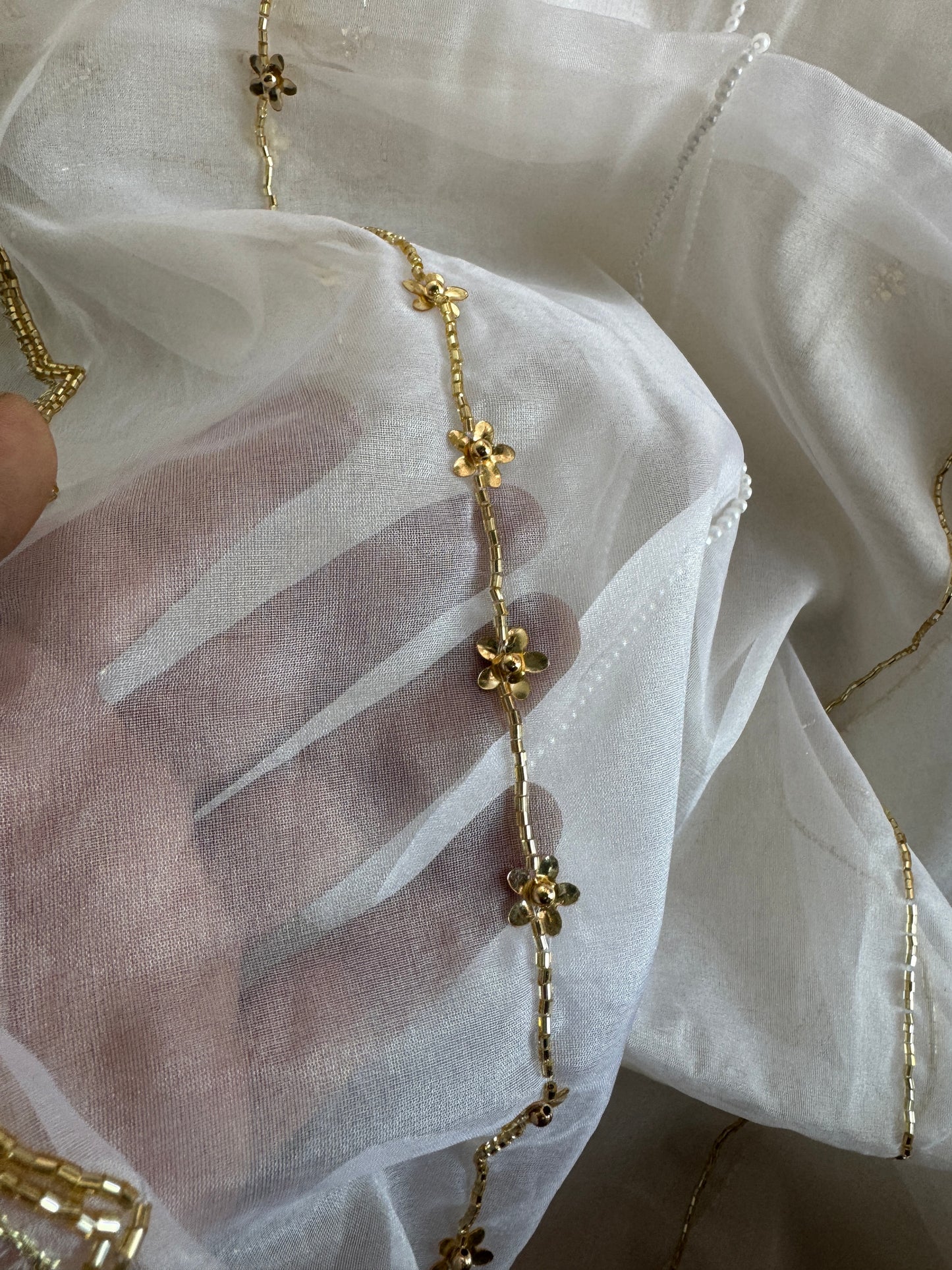 Organza Dupatta with Golden Beads & Pearl Work | Elegant Handmade Ethnic Dupatta