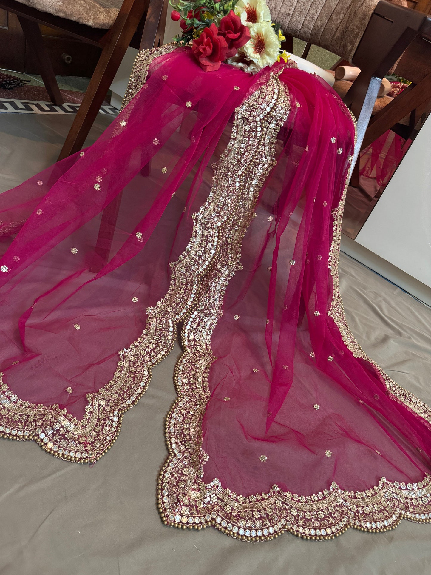 Pink Bridal Cutwork Dupatta with Zari & Mirror Work | Heavy Wedding Dupatta