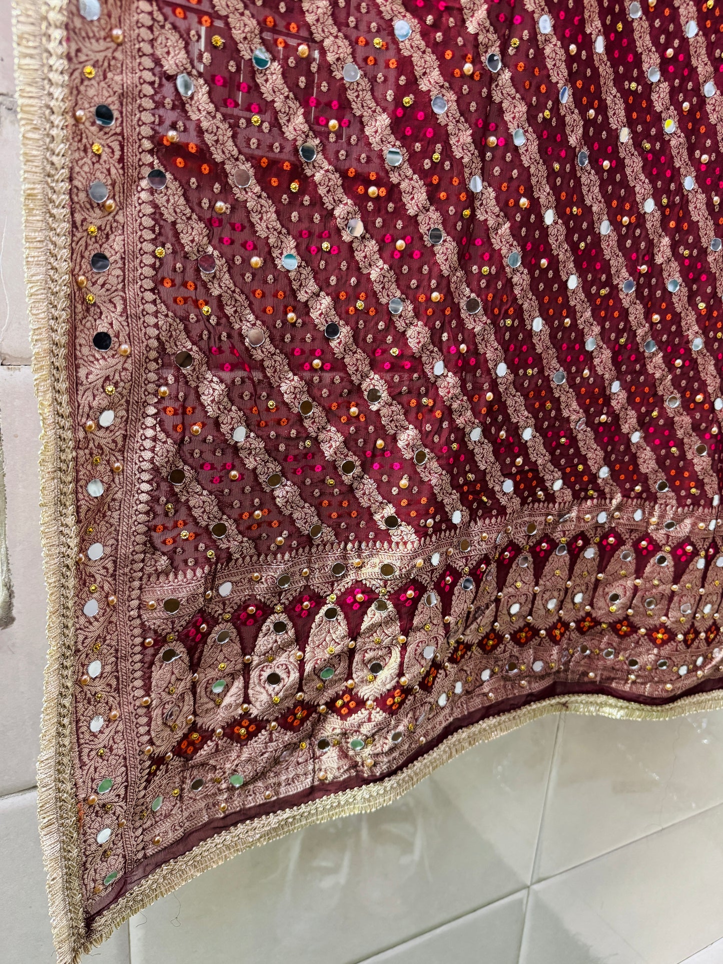 Maroon Banarasi Georgette Dupatta with Mirror & Stone Work – Festive & Wedding Wear
