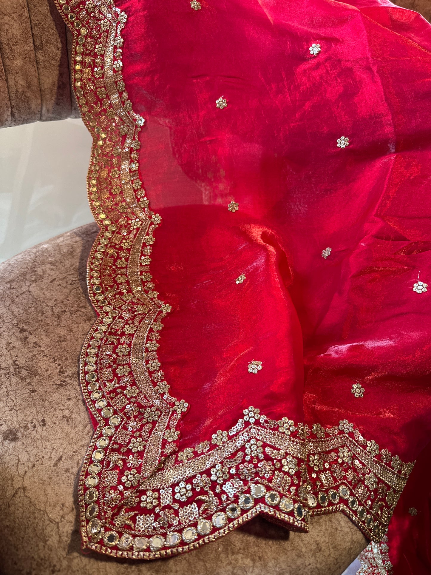 Pink Silky Cutwork Dupatta | Zari & Sequins Work | Designer Ethnic Dupatta