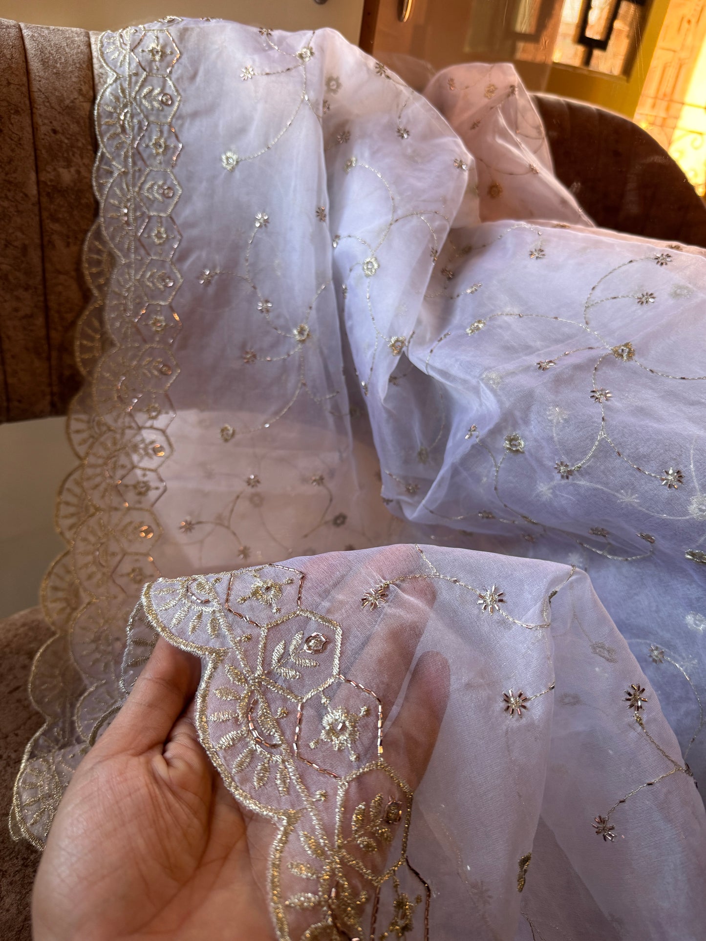 White Organza Dupatta for Women | Zari Embroidery & Beads Cutwork Border | Bridal Wrap