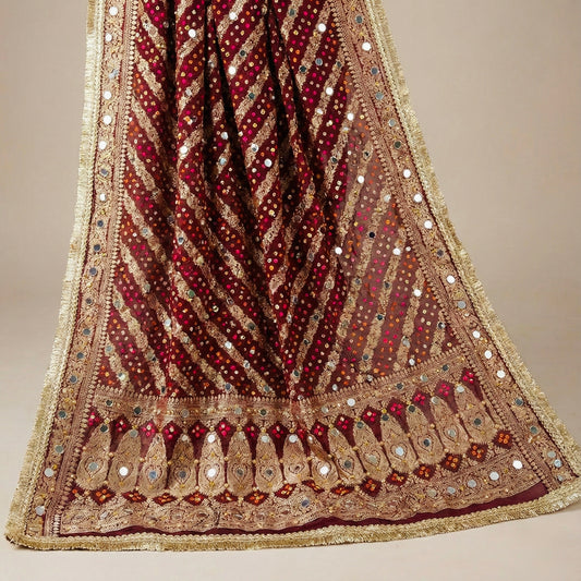 Maroon Banarasi Georgette Dupatta with Mirror & Stone Work – Festive & Wedding Wear