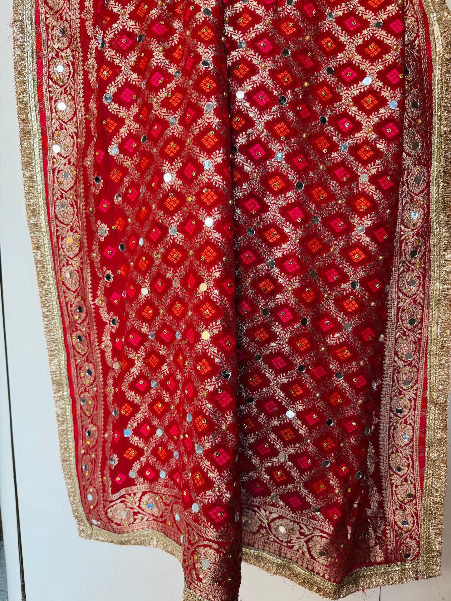 Red Banarasi Georgette Dupatta with Mirror & Stone Work – Festive & Wedding Wear