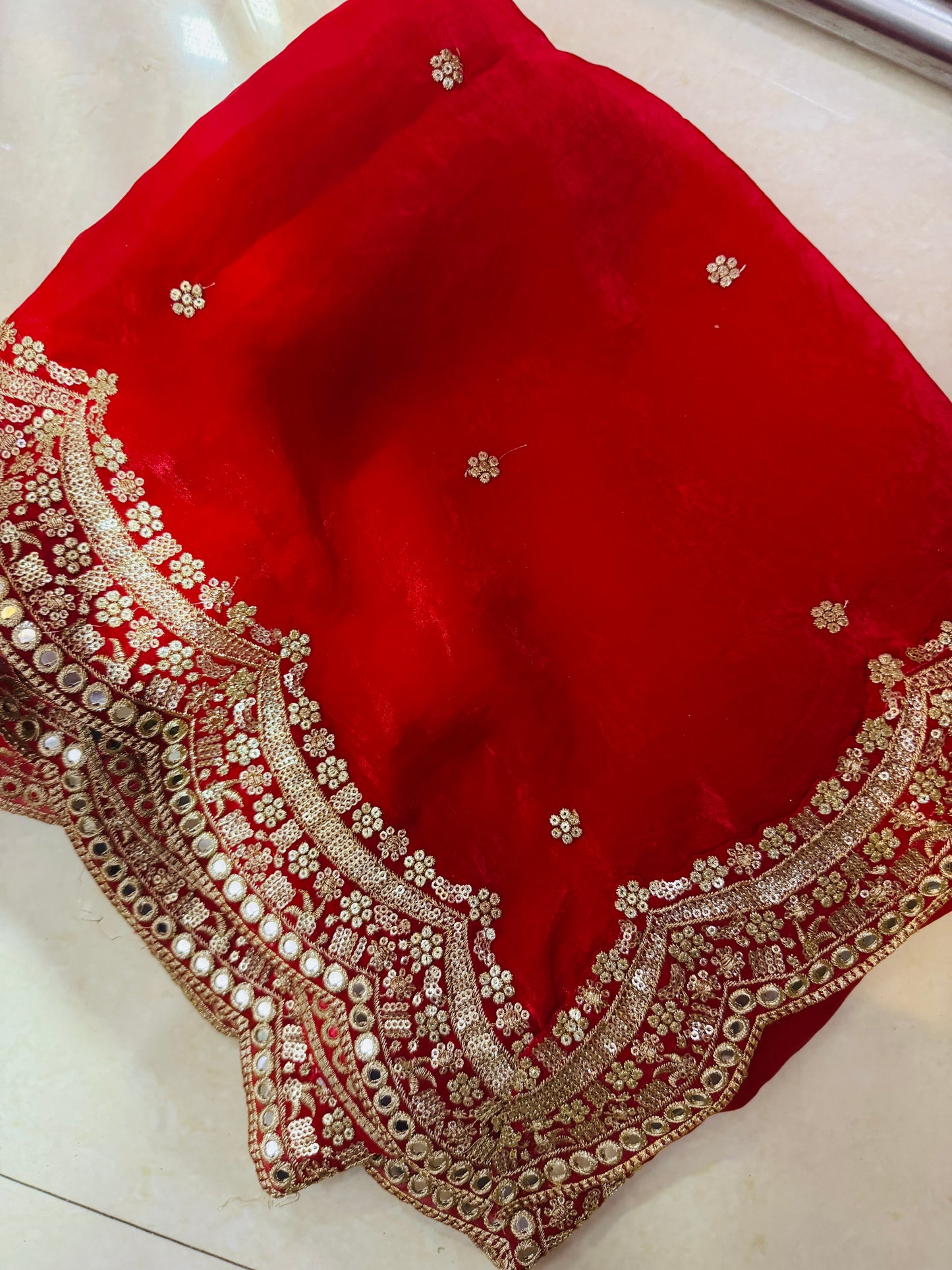 Bridal Red Silky Dupatta with Zari & Mirror Work – Wedding Wear Dupatta