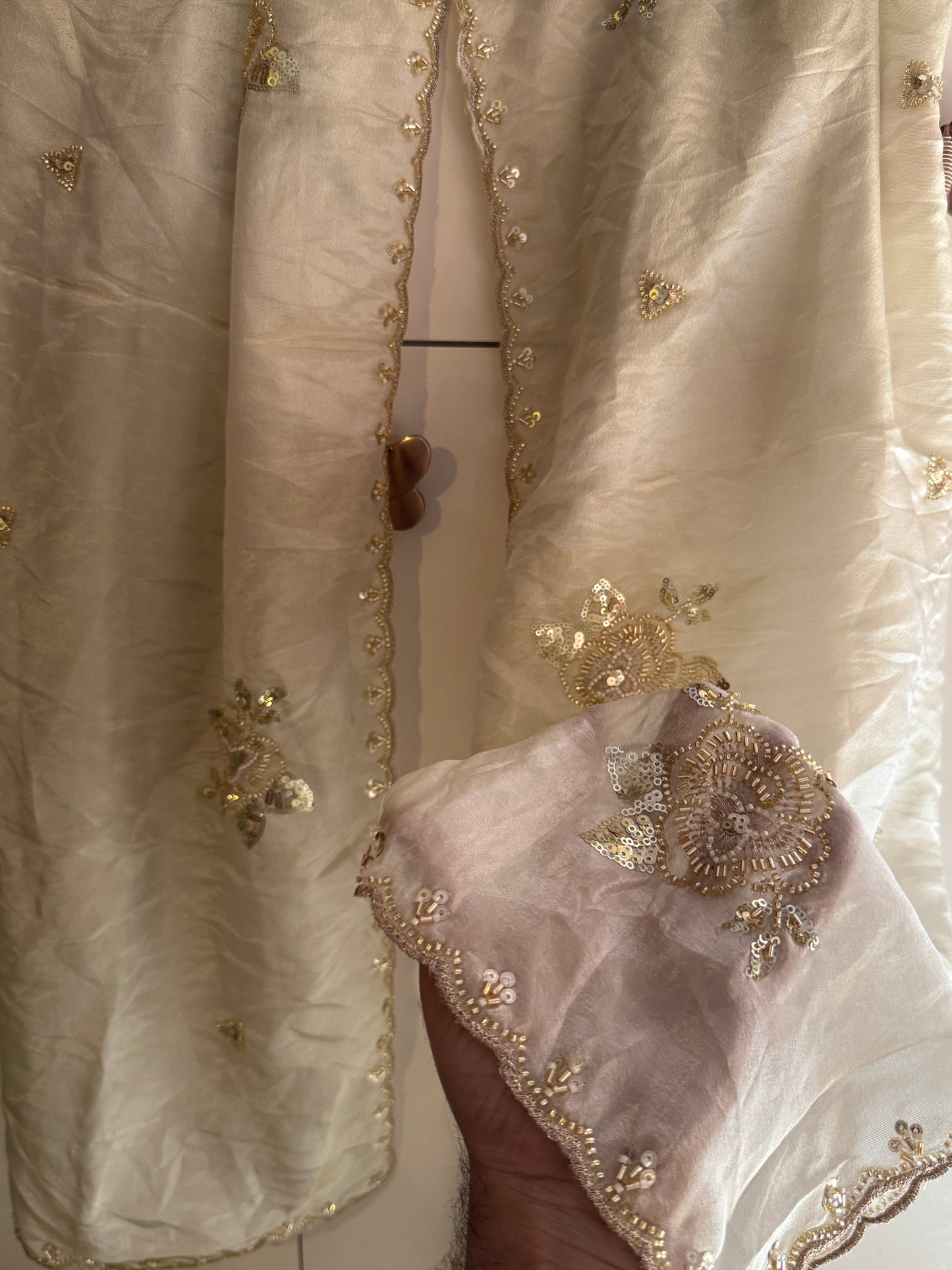 Golden Tissue Dupatta with Beads & Sequins Handwork – Bridal Partywear Dupatta