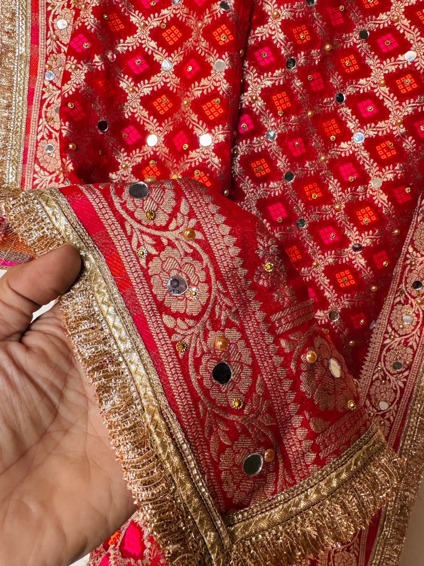 Red Banarasi Georgette Dupatta with Mirror & Stone Work – Festive & Wedding Wear