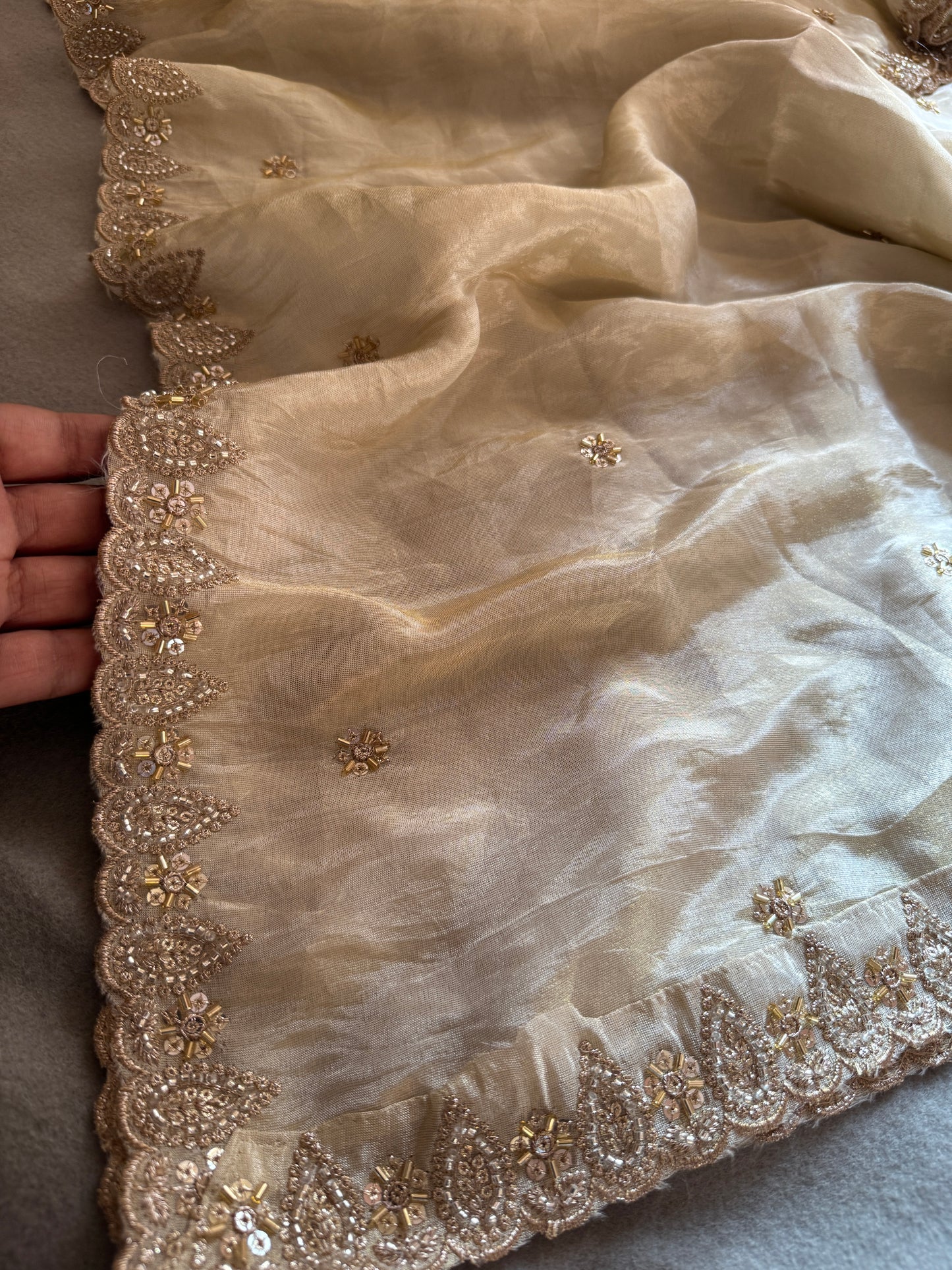 Premium Golden Tissue Dupatta with Beads & Sequins Work | Bridal Festive Wear