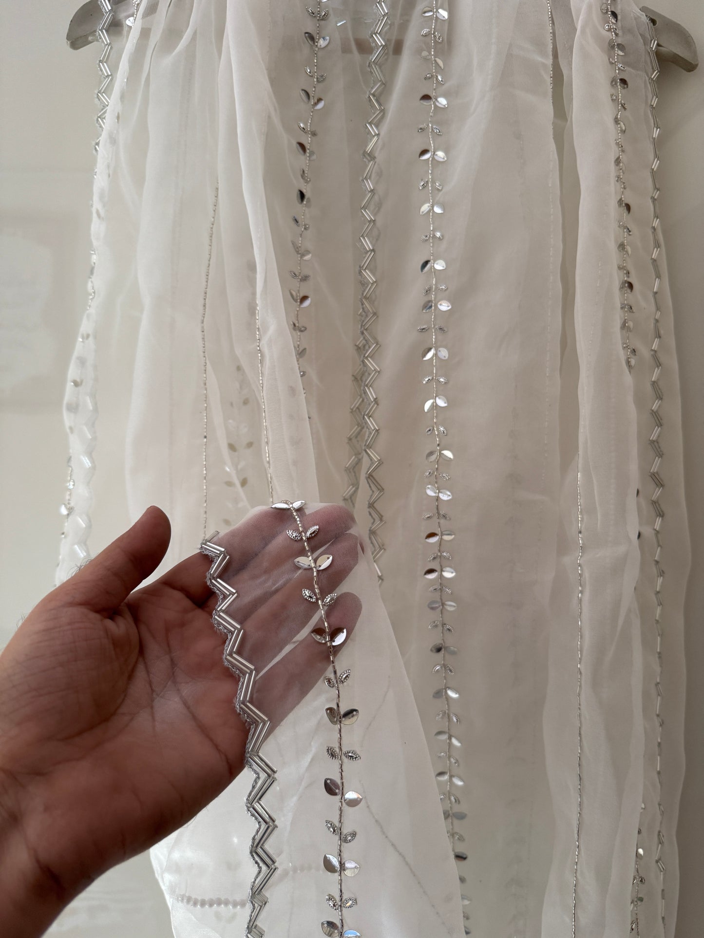 White Organza Hand-Embroidered Dupatta | Lightweight Bridal Scarf | Indian Ethnic Stole